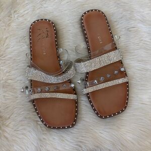 Madden Girl Silver Rhinestone + Stud Slip On Sandals